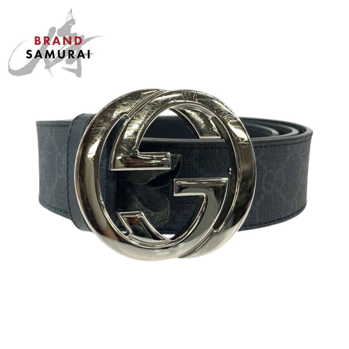 GUCCI グッチ インターロッキング 105cm|42inc ブラック 黒 シルバー金具 GGスプリームキャンバス 490199 ベルト バックル 408621