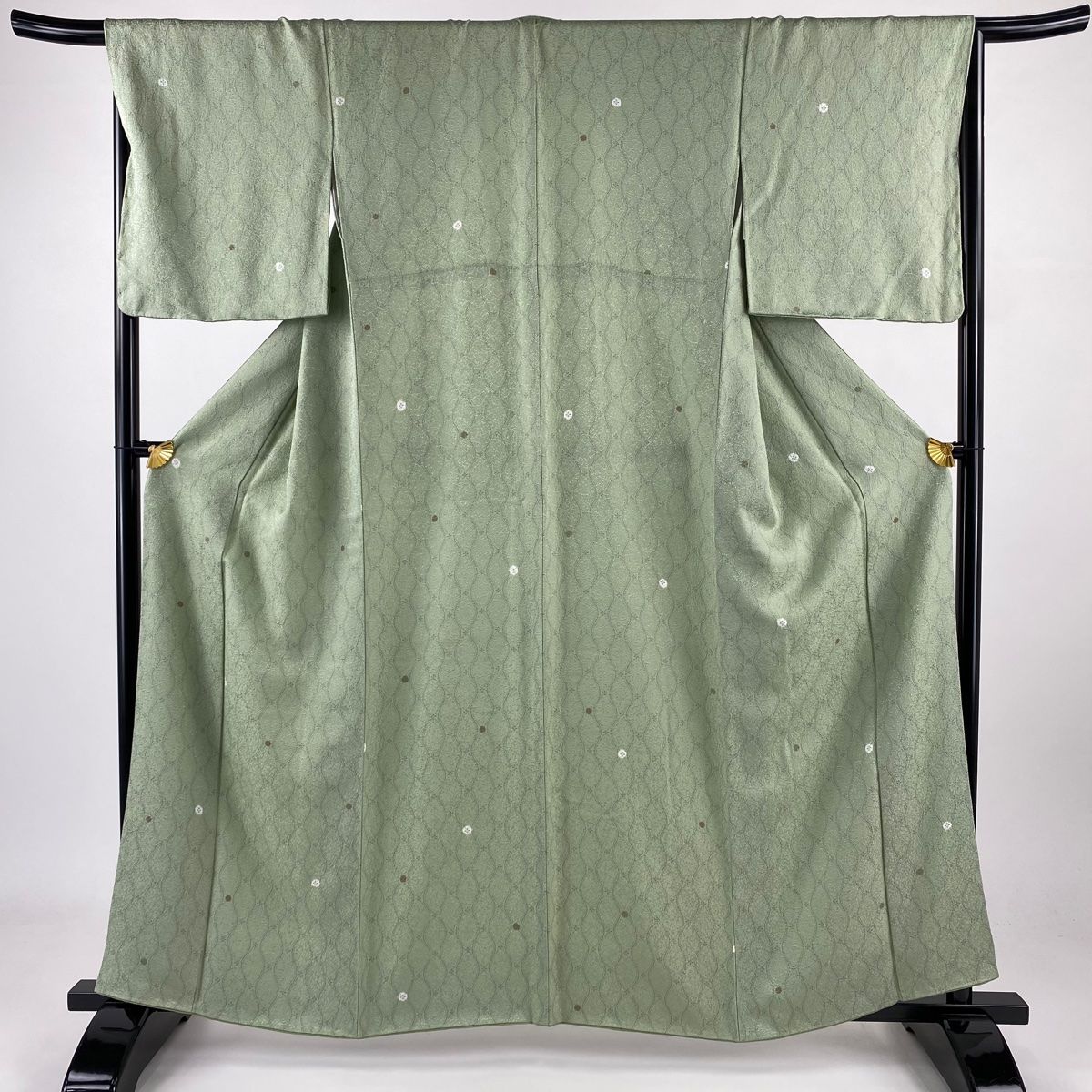 小紋 身丈161cm 裄丈67cm M 袷 幾何学 地紋 薄緑 正絹 秀品