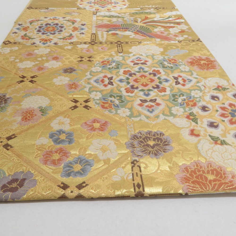 袋帯 正絹 金糸 華紋に鳥文様 緑色x金色x紫色 六通柄 フォーマル