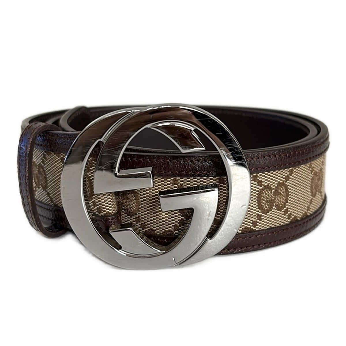 GUCCI グッチ ベルト 85|34 - 114876 ベージュ×ダークブラウン インターロッキングG|GG柄 レザー