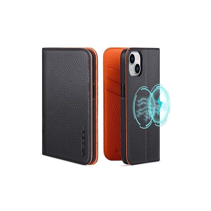 VISOUL iPhone15 対応 ケース 手帳型 本革 MagSafe対応 スマホケース アイフォン15 手帳型ケース カード収納 携帯ケースレザー 全面保護 柔軟なTPU素材 マグネット式 スタンド機能 6.1インチ アイホン 15 オレンジ 1