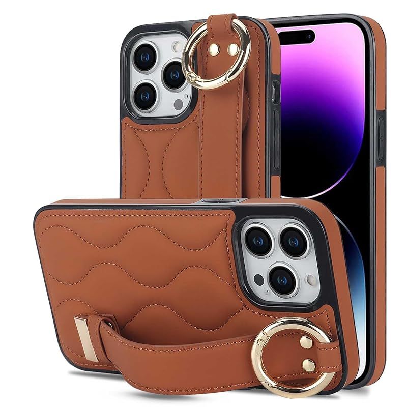 新品　iPhone ケース レザー調 PUレザー ハンドベルト フィンガーベルト ベルトリング ハンドストラップ ハンドホルダー キルティング (iPhone13promax， brown)