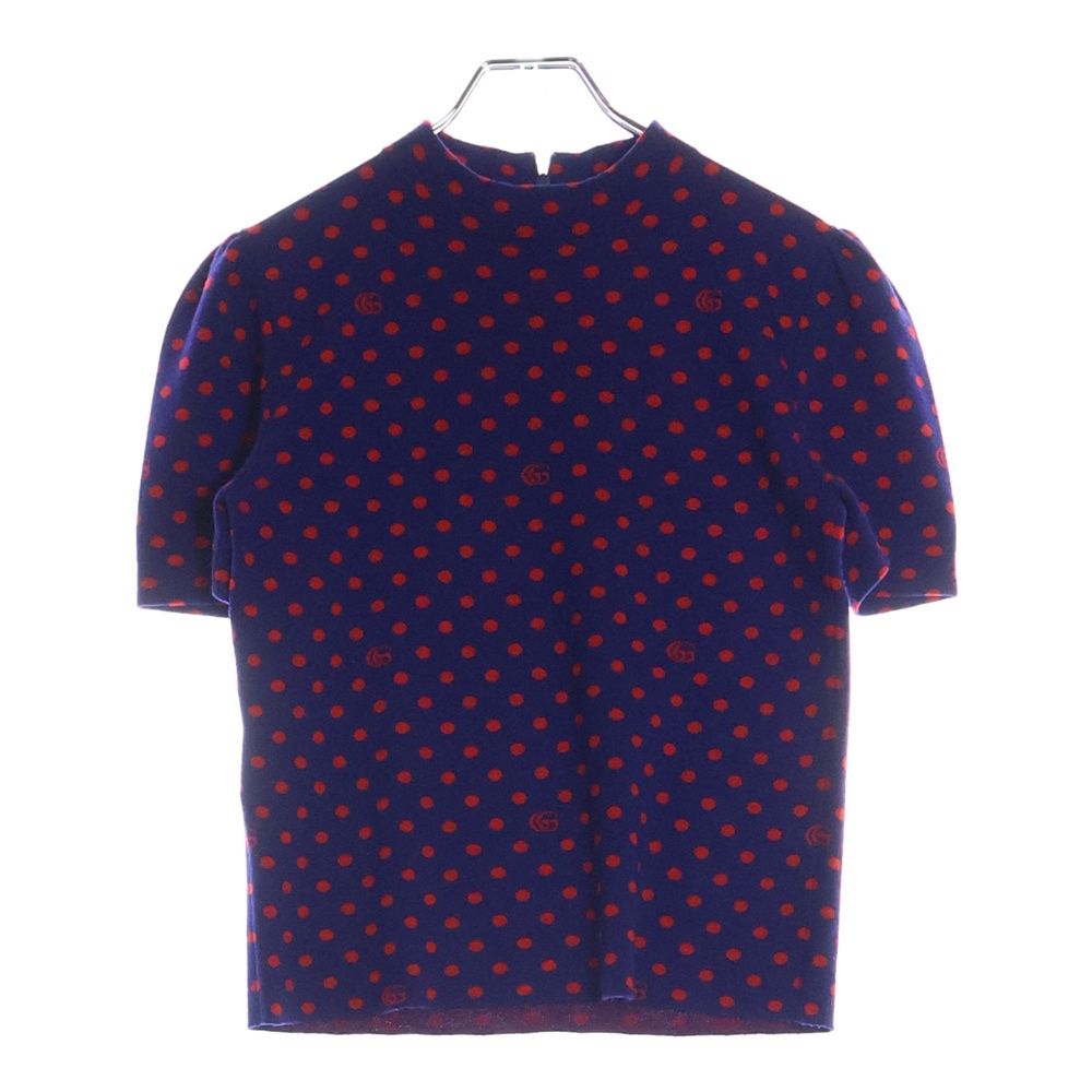 GUCCI GGロゴ 半袖ニットセーター ネイビー GUCCI (グッチ) GG ドット総柄 モックネック パフスリーブ 半袖