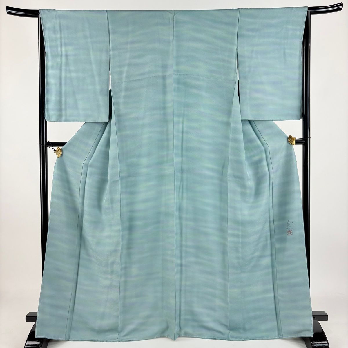 小紋 身丈168cm 裄丈63.5cm S 袷 落款 霞 ぼかし 灰緑 正絹 秀品 一つ紋