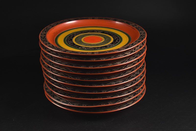 蔵A4396 和田瑾斎 独楽 丸盆 十客 木箱入 約30ｃｍ