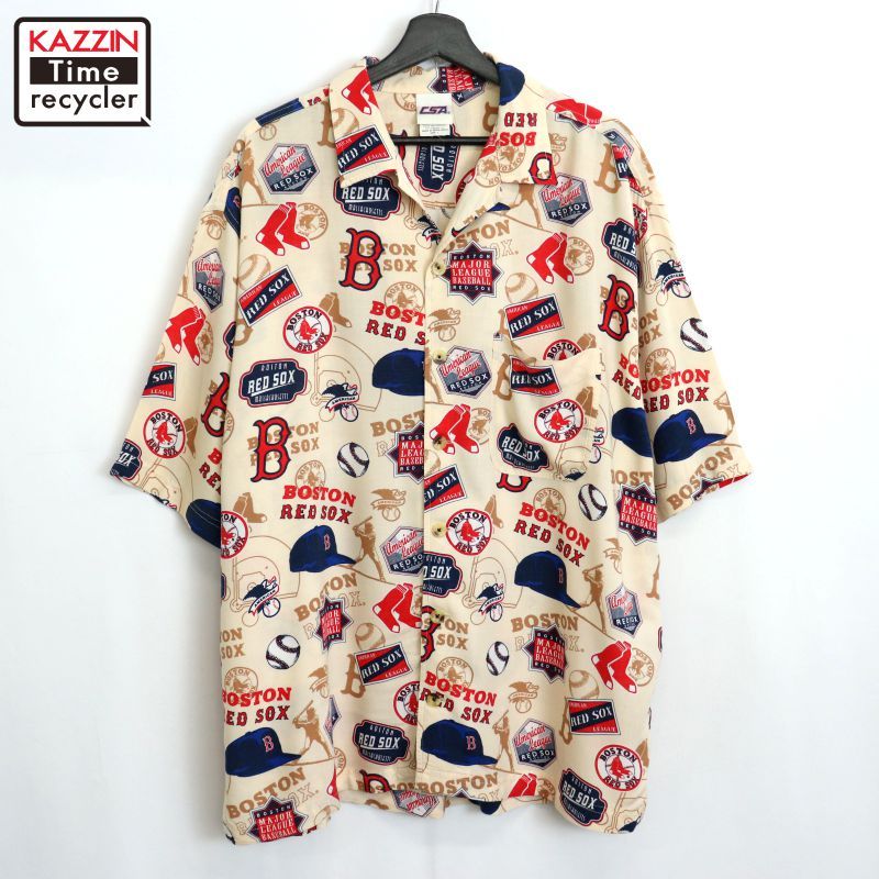 【New Era】半袖Tシャツ ボストン・レッドソックス MLB 00s MLB ボストン・レッドソックス 総柄 開襟 レーヨン 半袖