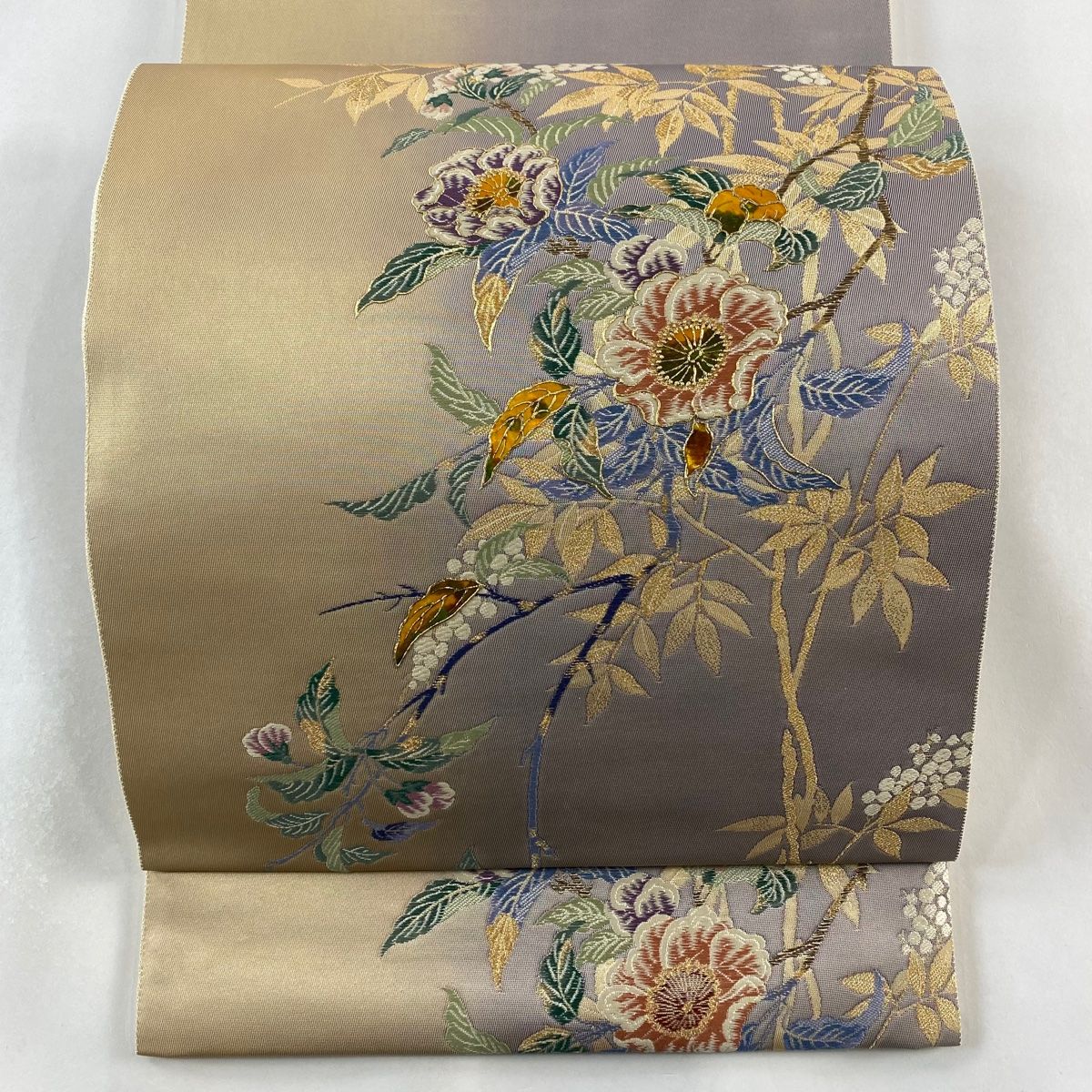 袋帯 秀品 枝花 南天 螺鈿 金糸 灰紫 お太鼓柄 正絹