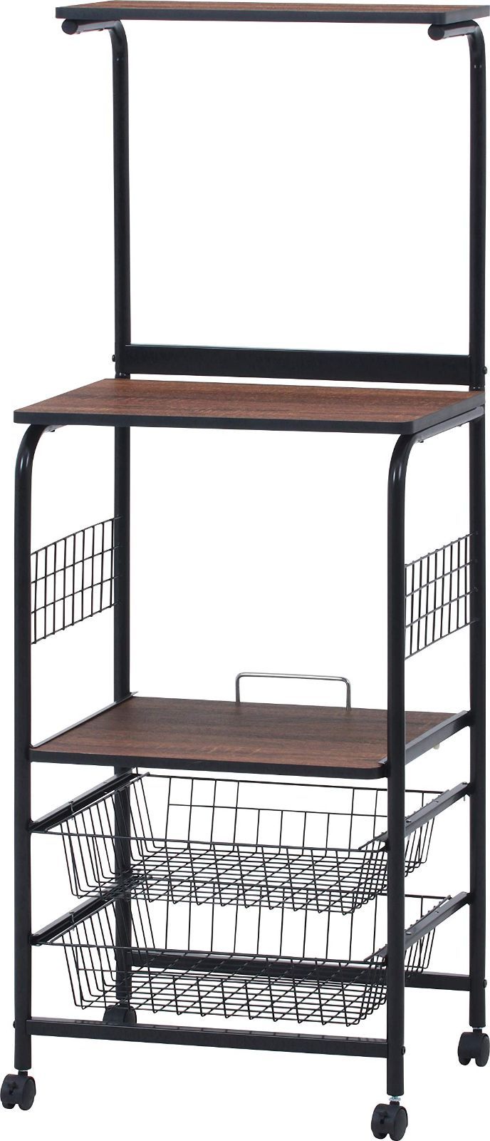 【特価セール】不二貿易 レンジ台 キッチンラック 幅51.5×奥行41×高さ140.5cm ブラック ブラウン スライド棚 収納 レンジワゴン キャスター付き 14637