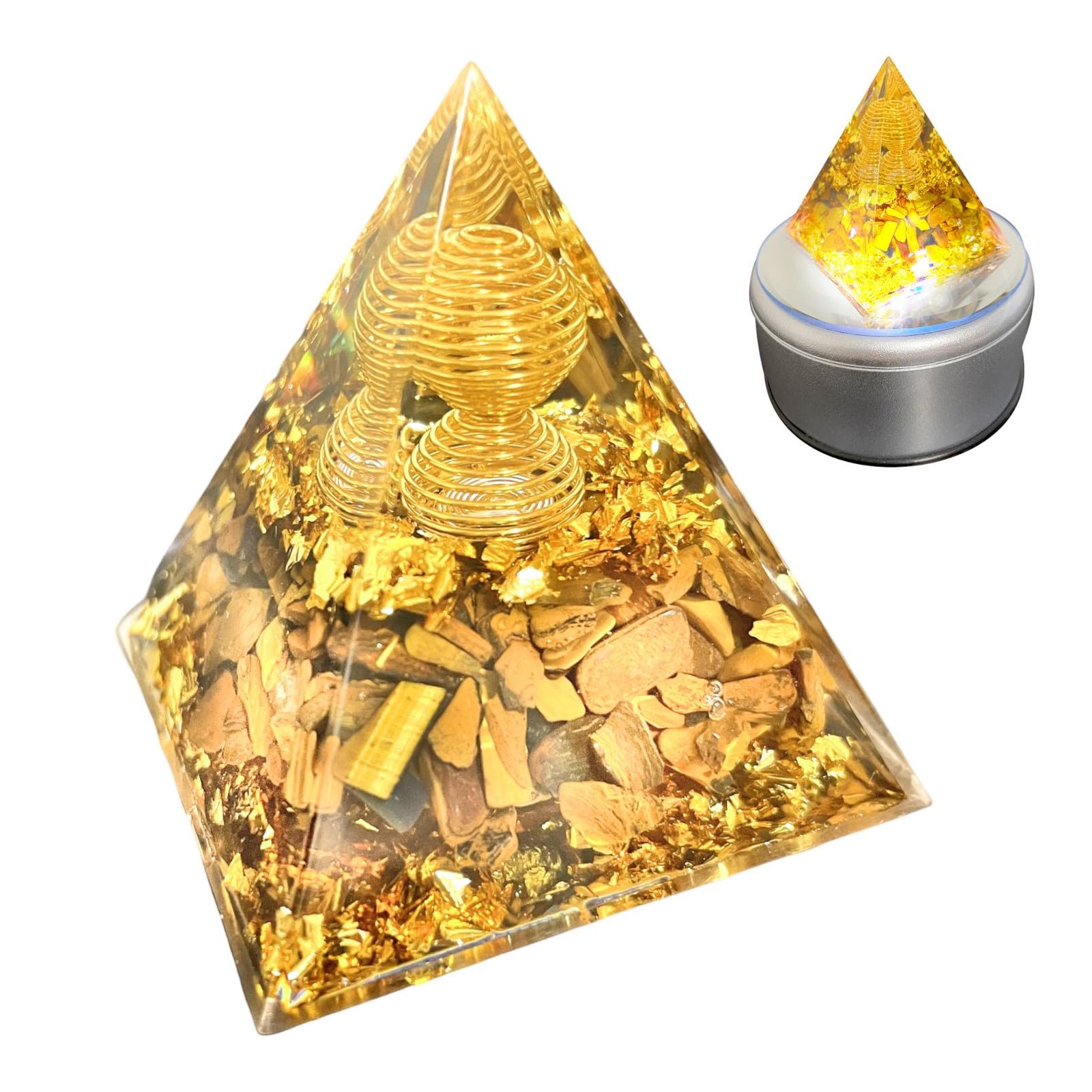 heizi オルゴナイト パワーストーン 天然石 ピラミッド LED回転台付き 癒しグッズ 水晶 (タイガーアイ 金運 仕事運) [タイガーアイ 金運 仕事運]