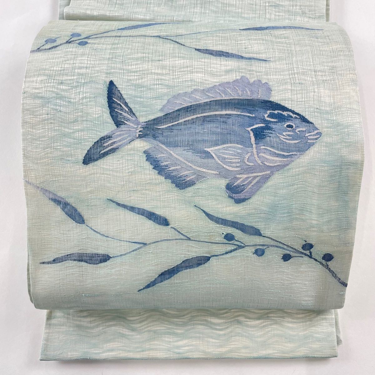 夏帯 麻 袋帯 お太鼓柄 手描き 流水 メダカ 草木染 美品 イ5755 夏帯 麻 袋帯 お太鼓柄 手描き 流水 メダカ 草木染 美品 イ5755