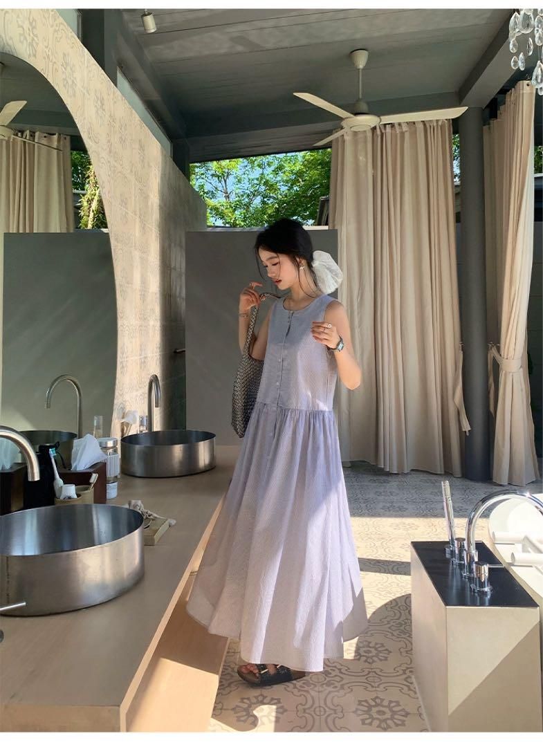 ノースリーブチェック柄ロングワンピース 夏秋デートに最適ゆったり可愛い