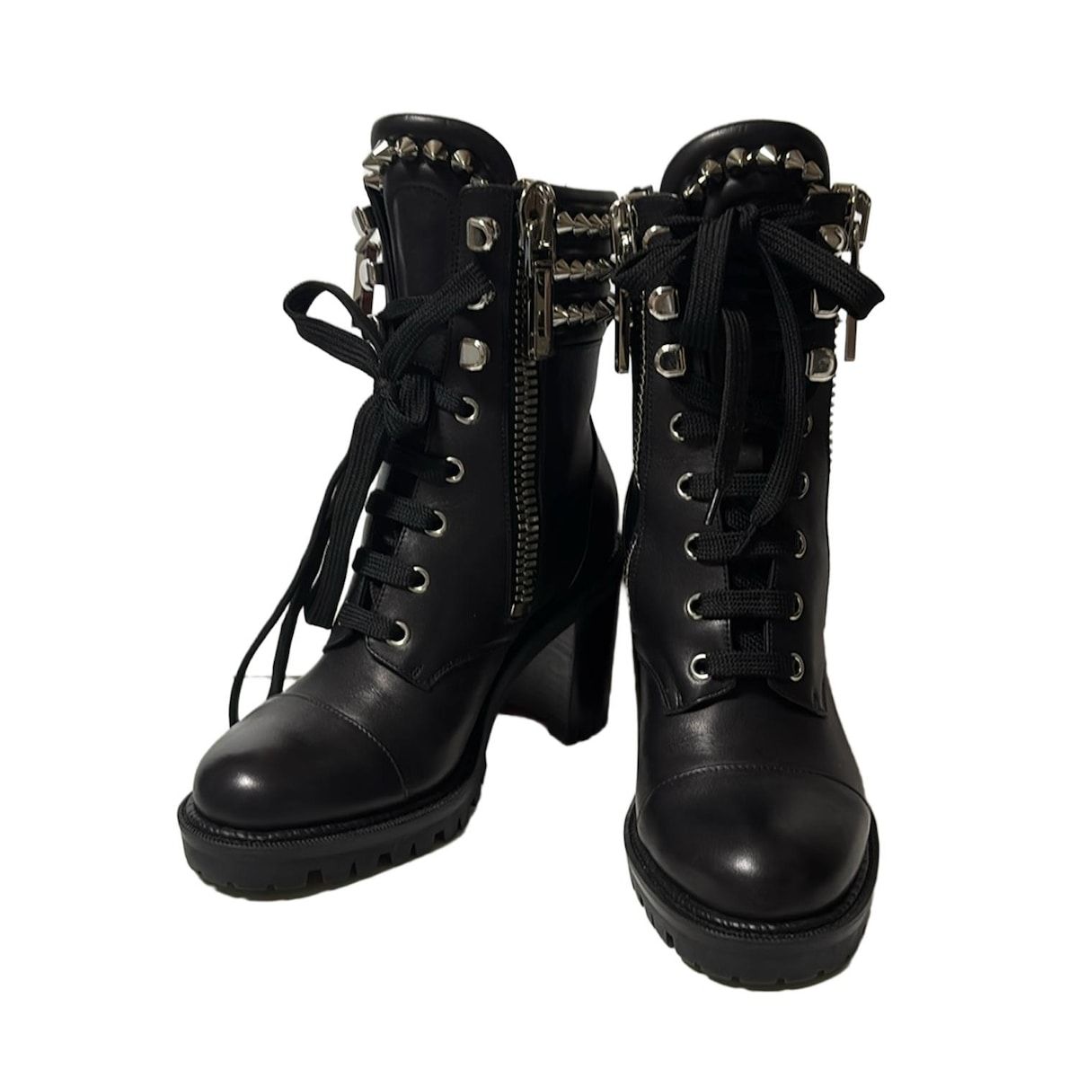 CHRISTIAN LOUBOUTIN クリスチャンルブタン ショートブーツ 35 レディース - 黒 スタッズ Wファスナー レザー