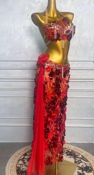 ベリーダンス オリエンタル衣装 薔薇 レッド ブラ スカート オーダーメイド