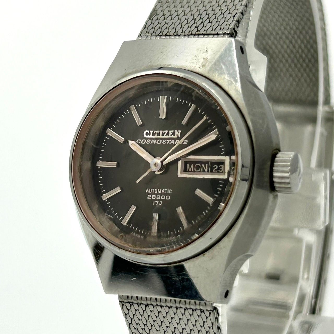 稼働品 シチズン コスモスターV2 腕時計 4-660536 Y 自動巻き 17石 デイデイト 黒文字盤 メンズ レディース ユニセックス ビンテージ アンティーク クラシック レトロ アナログ ドレスウォッチ シルバー クリーニング済 G5