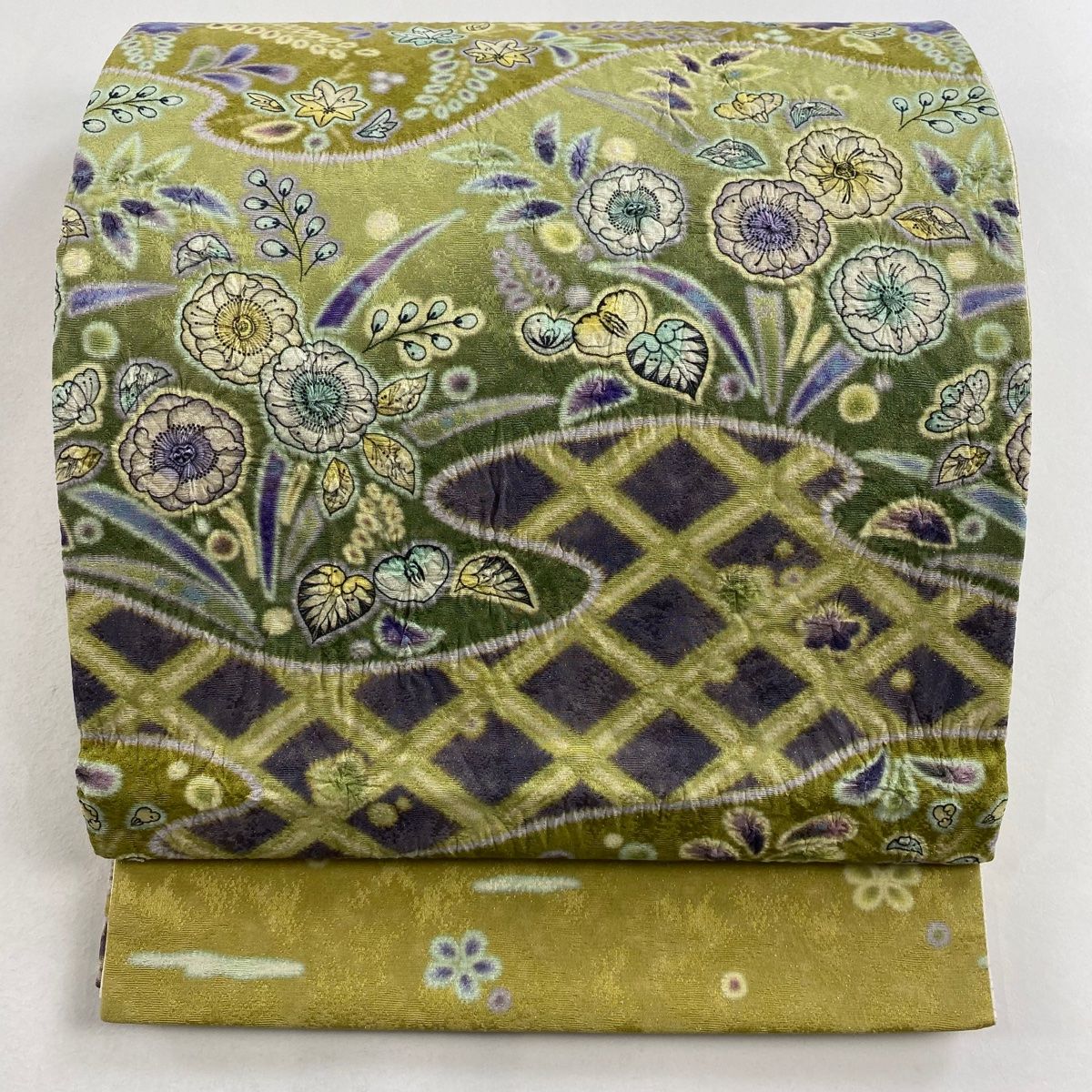 袋帯 名品 草花 斜め格子 箔 絞り 抹茶色 お太鼓柄 正絹
