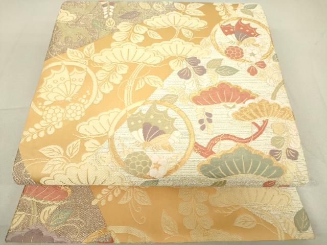 平和屋着物▽六通柄袋帯 唐織 吉祥花蝶丸文 金糸 正絹 逸品