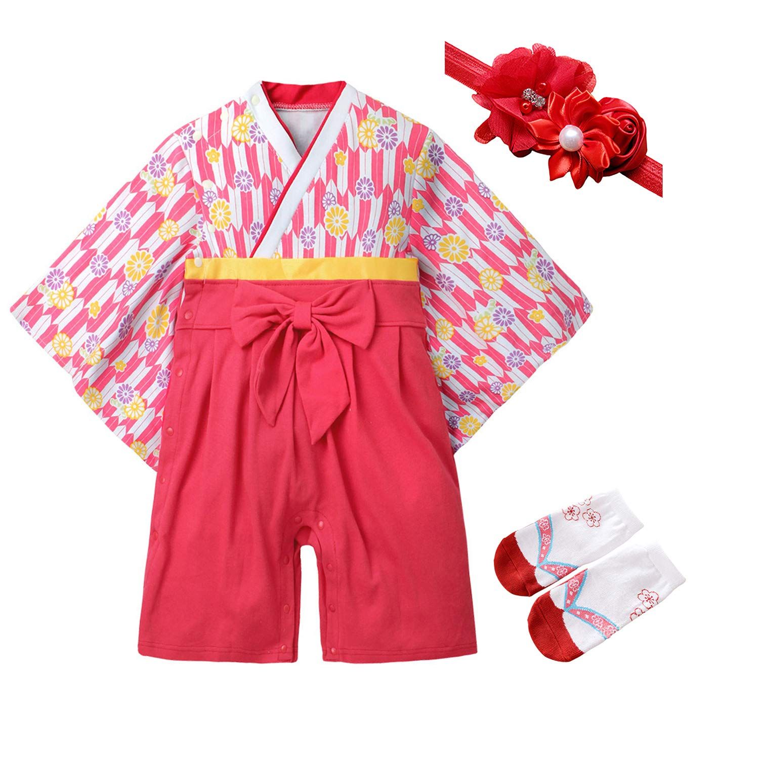 【迅速発送】Yilaku ベビー 服 女の子 袴 ロンパース 着物 お食い初め 初節句 お宮参り 出産祝い 和服 赤ちゃん 新生児 60 70 80 90 95 100
