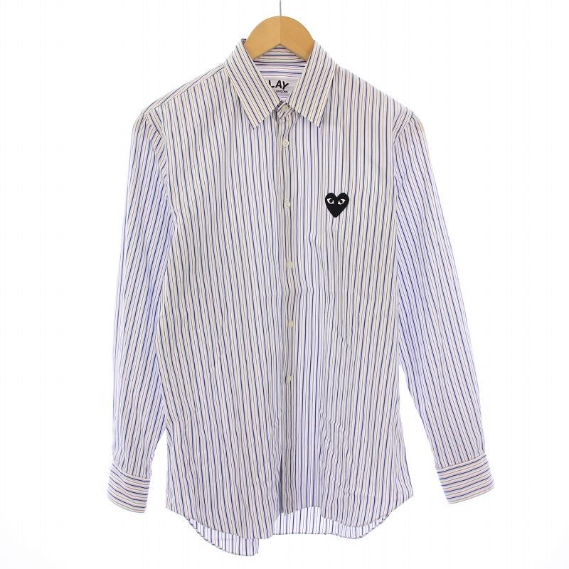 プレイコムデギャルソン PLAY COMME des GARCONS カジュアルシャツ 長袖 レギュラー ロゴ ストライプ柄 S 白 ホワイト 青 ブルー |BB