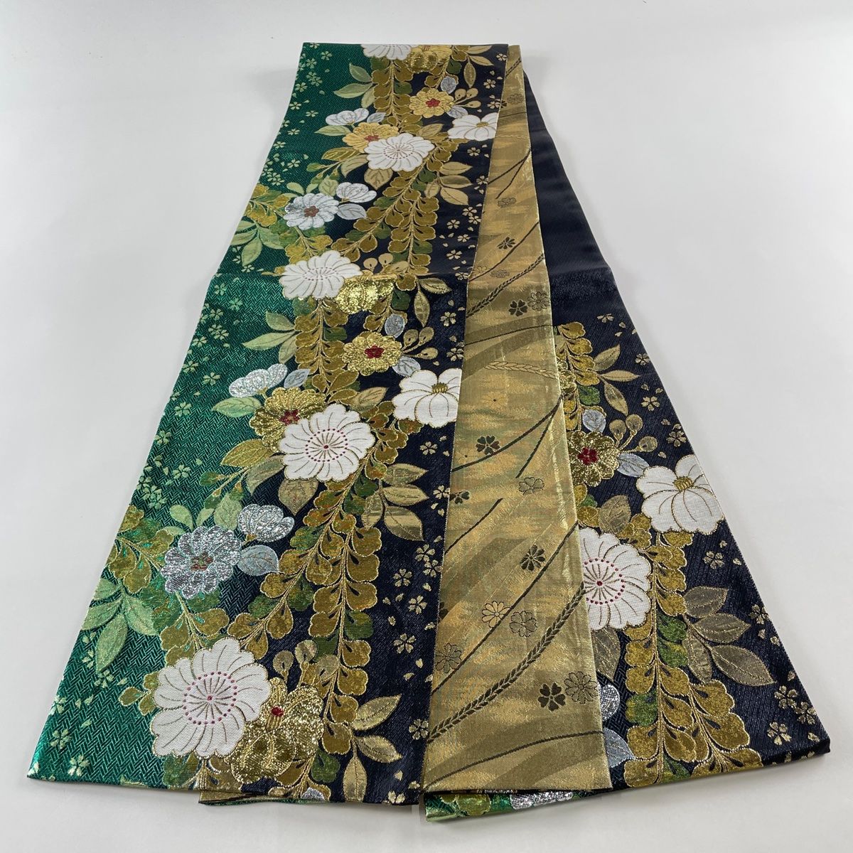 中古美品 袋帯 鶴 袋帯 秀品 本金箔 鶴 霞 金糸 箔 クリーム 六通 正絹 【中古