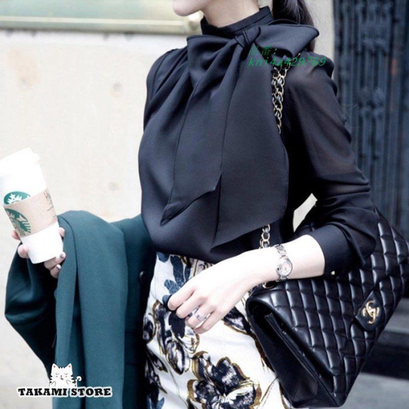 ボウタイ リボン ブラウス 長袖 シフォン ハイネック 通勤服 上品 大きいサイズ 黒 シアー レディース トップス エレオフィス お呼ばれ kni4a429769