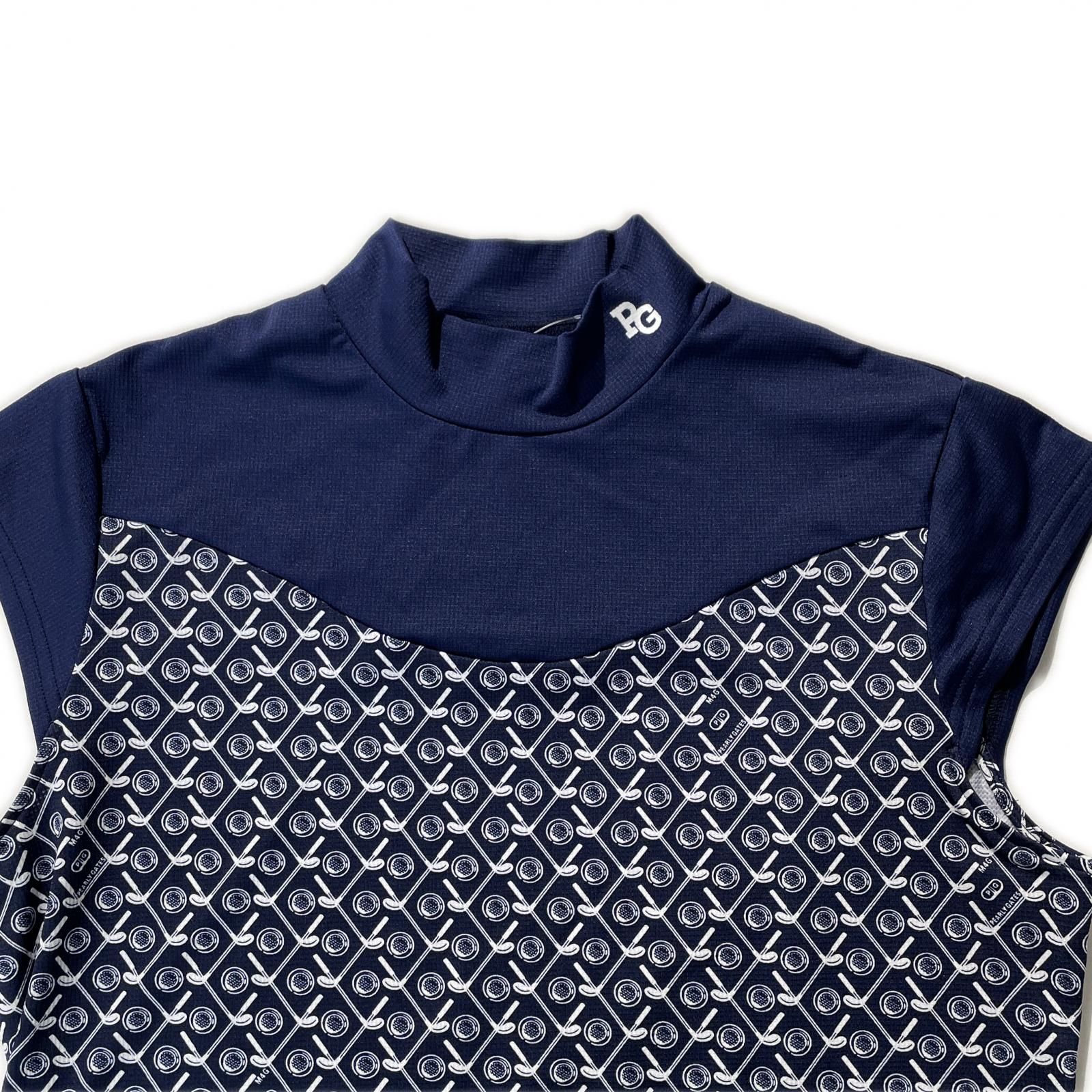 タイムセールも有。 レディース パーリーゲイツ PEARLY GATES 半袖シャツ 2 L 紺×白 ネイビー モックネック 総柄