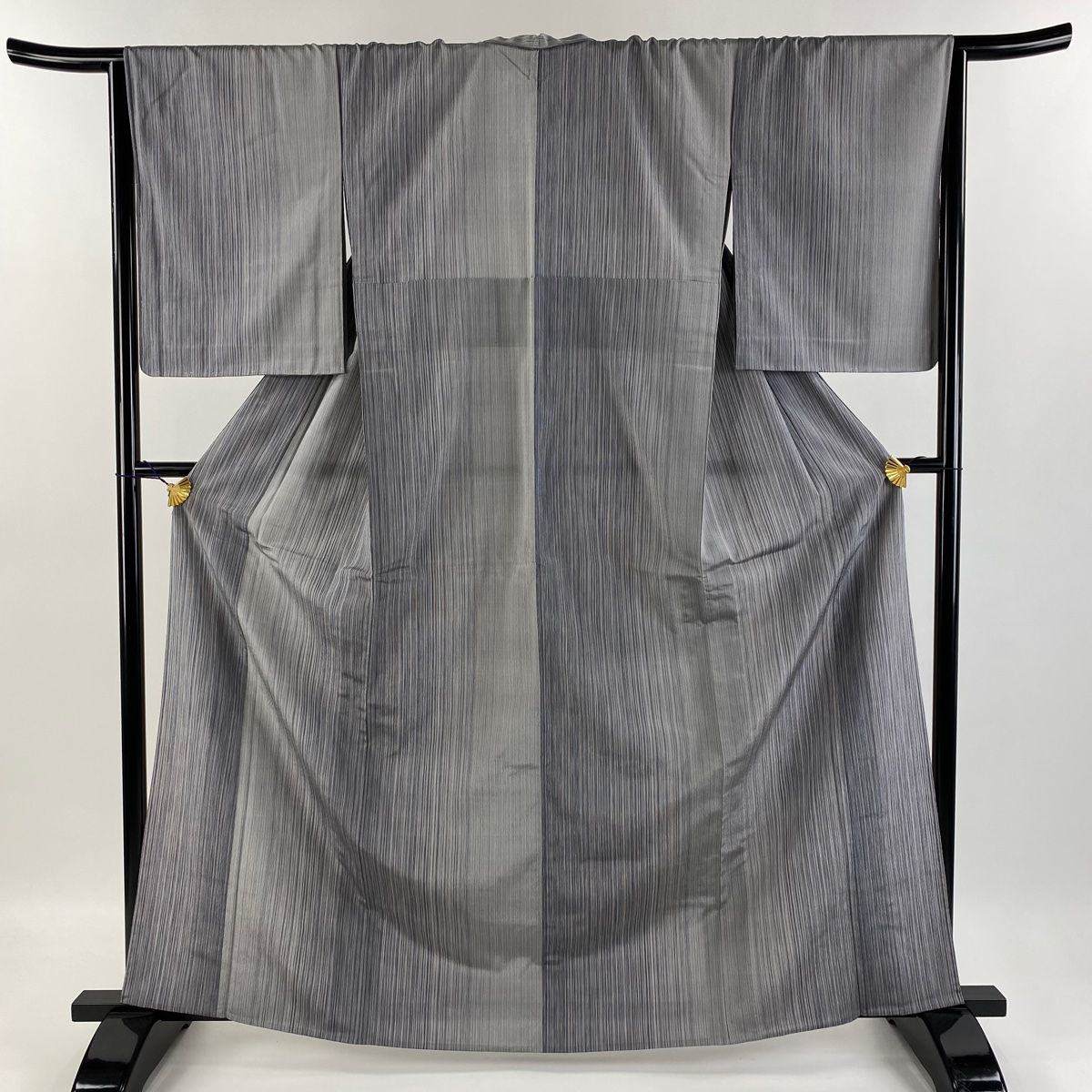 塩沢紬 身丈164.5cm 裄丈67cm M 単衣 塩沢物語 証紙 縦縞 灰色 正絹 名品