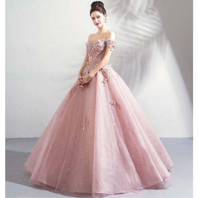 即日発送 オフショルダー ピンクドレス S ロングドレス 花刺繍 ビーズレース 結婚式 披露宴 前撮り 二次会 プリンセスライン ウェディングドレス カラードレス 感 pipsセレクト