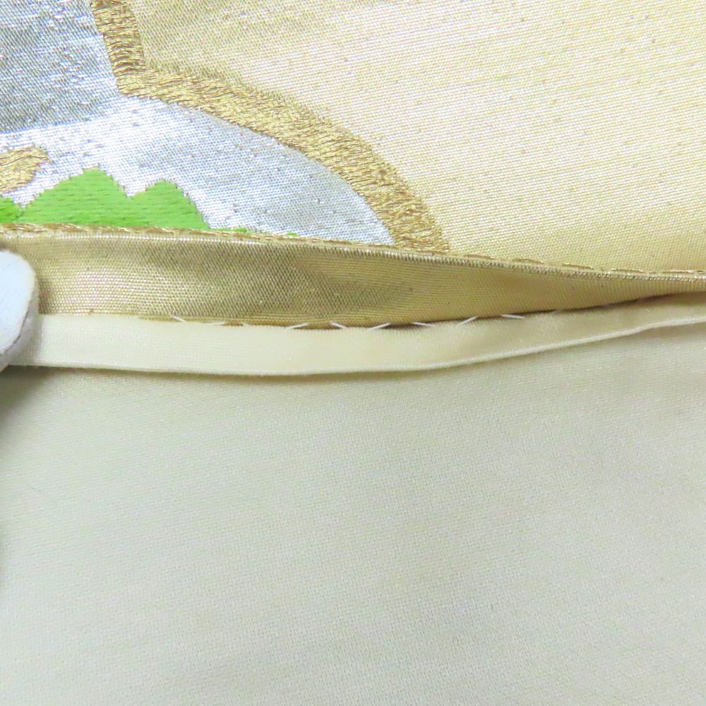 中古】 袋帯 正絹(金銀糸除く) ゴールド マルチカラー 草花柄 リメイク  