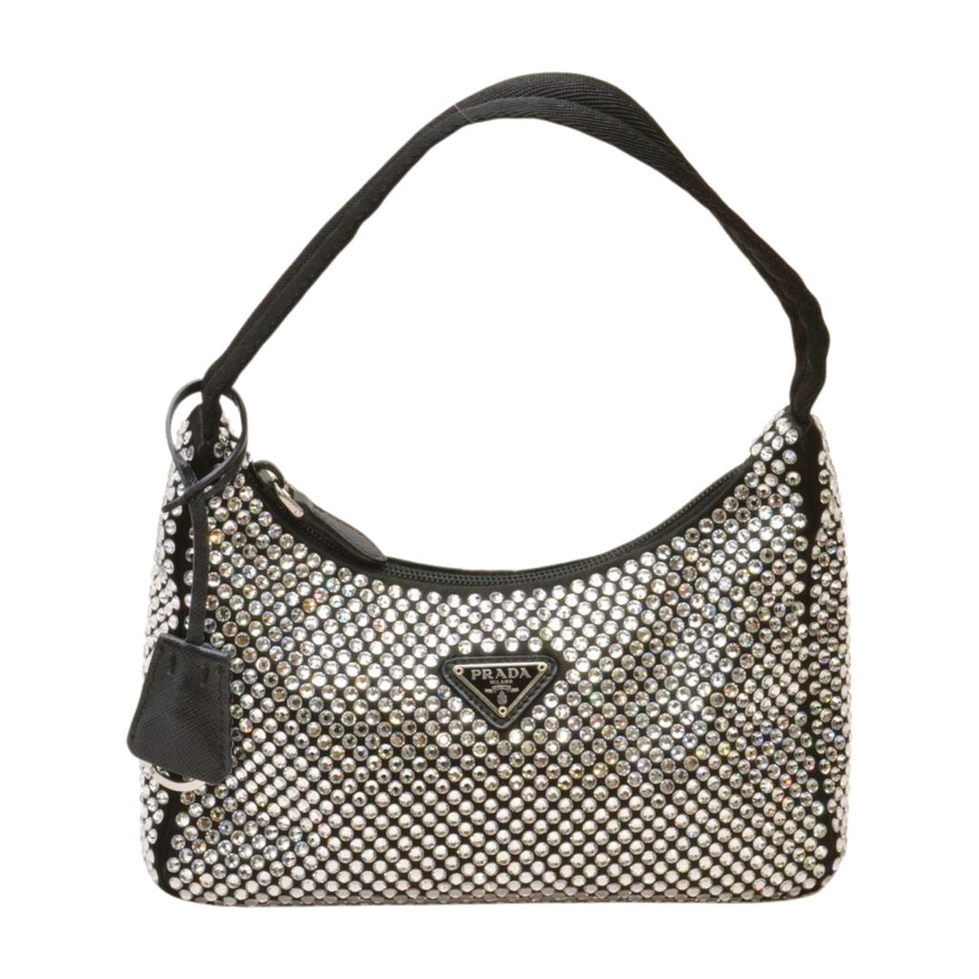 プラダ Prada Re-Edition クリスタル サテン ミニ ホーボー ハンドバッグ ショルダーバッグ 1BC515 ブラック レディース F-YA1051