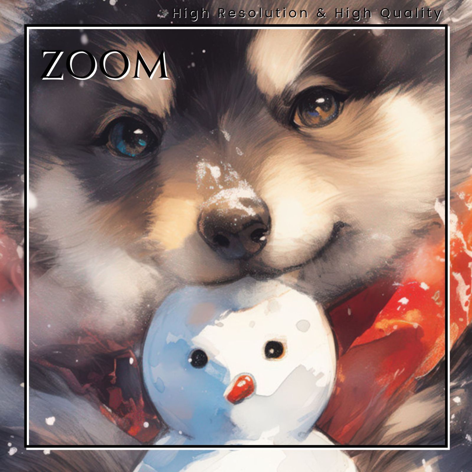 絵画。原画手描き【雪が降る冬、かわいい犬と猫の楽しい写真記念】 絵画。原画手描【冬、かわいい猫ちゃんは雪だるまを作るのが好き