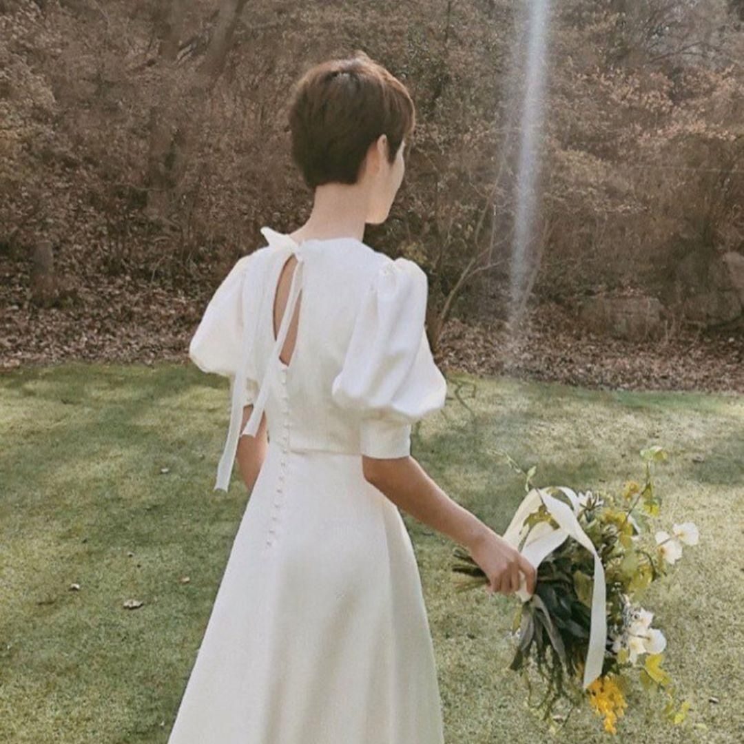 【ウェディングドレス】ウェディング　背中見せ　前撮り 結婚式 韓国　ホワイト ウェディングドレス パーティードレス 結婚式 披露宴 演奏会