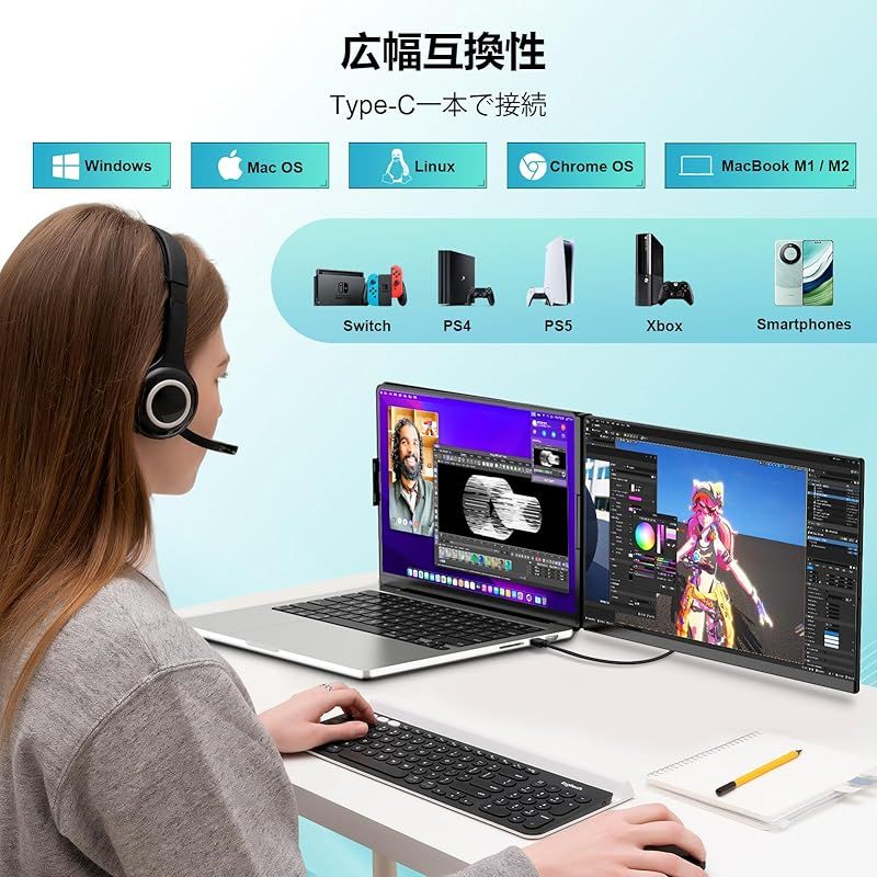  モバイルモニター 15 6インチ 2025新型ノートパソコンモニター デュアルディスプレイ セカンドディスプレイ 脱着式デザイン 360°回転 120 sRGB 非光沢 IPS液晶パネル 軽量 ノートパソコン用 USB C H 周辺機器 Wii