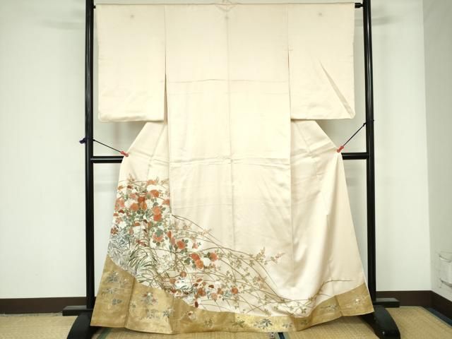 色留袖 作家物 地紙に花柄模様 霧模様 金駒刺繍 金銀彩 鈍紫色 K-4563 色留袖 作家物 地紙に花柄模様 霧模様 金駒刺繍 金銀