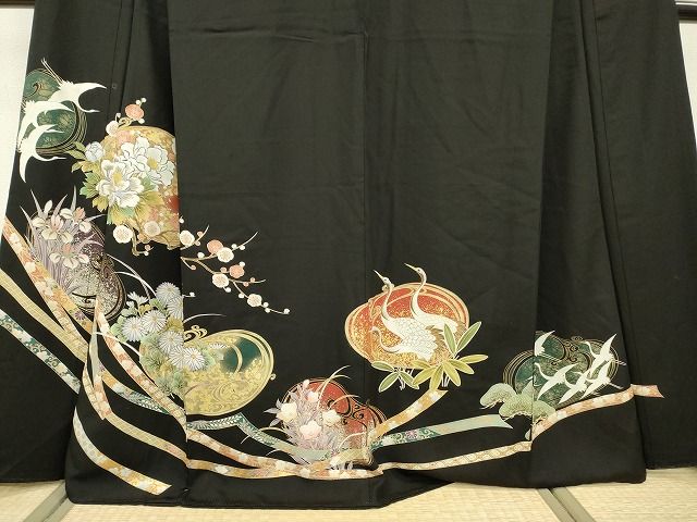 平和屋着物▽豪華黒留袖 刺繍 鬘帯花文 金銀彩 正絹 逸品