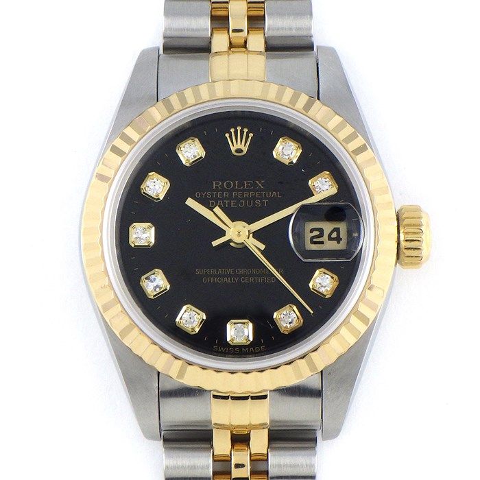 ロレックス Rolex 腕時計 デイトジャスト 69173G U番 1997年製 10ポイント ダイヤインデックス ブラック文字盤 フルーテッドベゼル ジュビリーブレス K18YG SS 自動巻き 【中古】 ロレックス Rolex 腕時計 デイトジャスト 69173G U番 1997年製 10