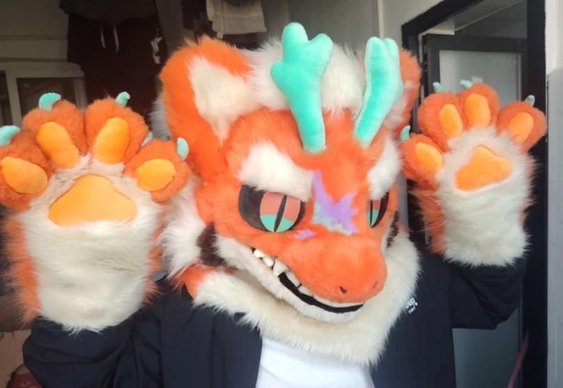 一点物 ファースーツ 着ぐるみセット NO.261 ドラゴン オレンジ色 ケモノ ファースーツ 全頭ヘッド ぬいぐるみ コスプレ コスチューム