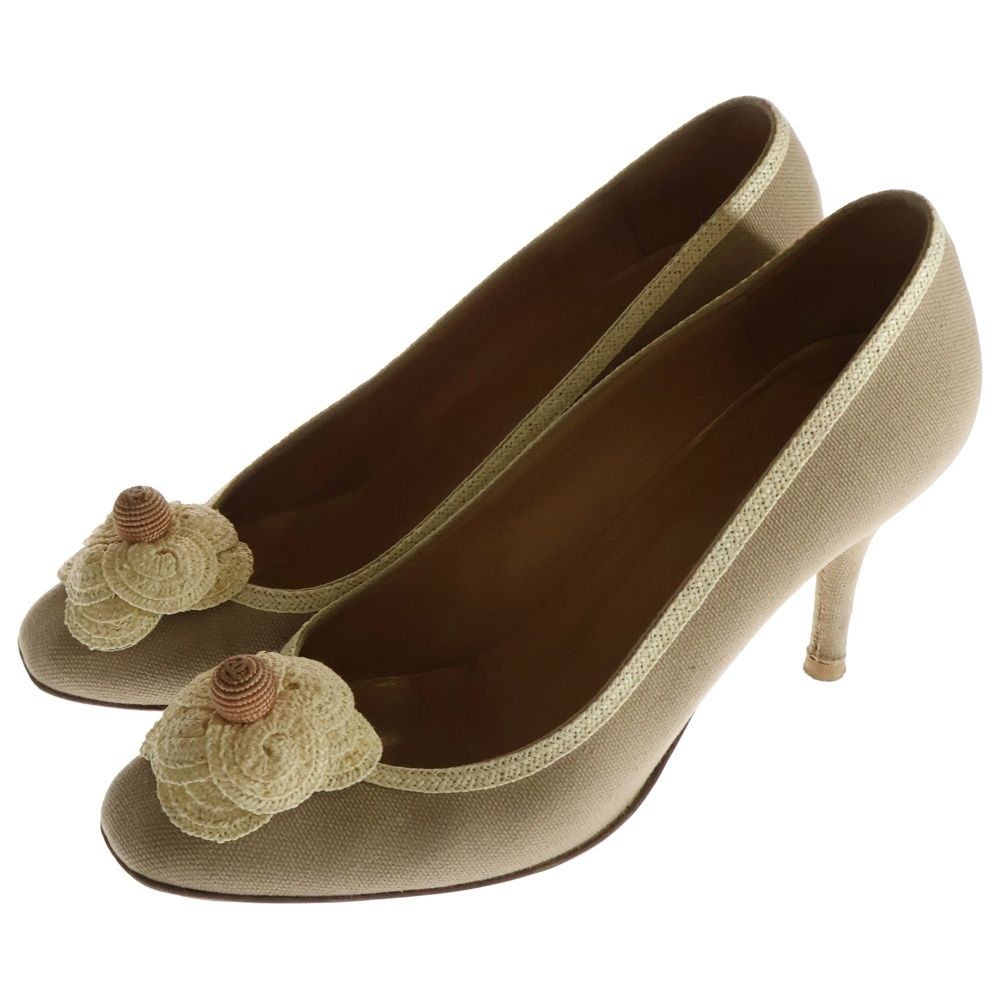 CHANEL シャネル カメリア キャンバス ヒールパンプス シューズ ベージュ レディース