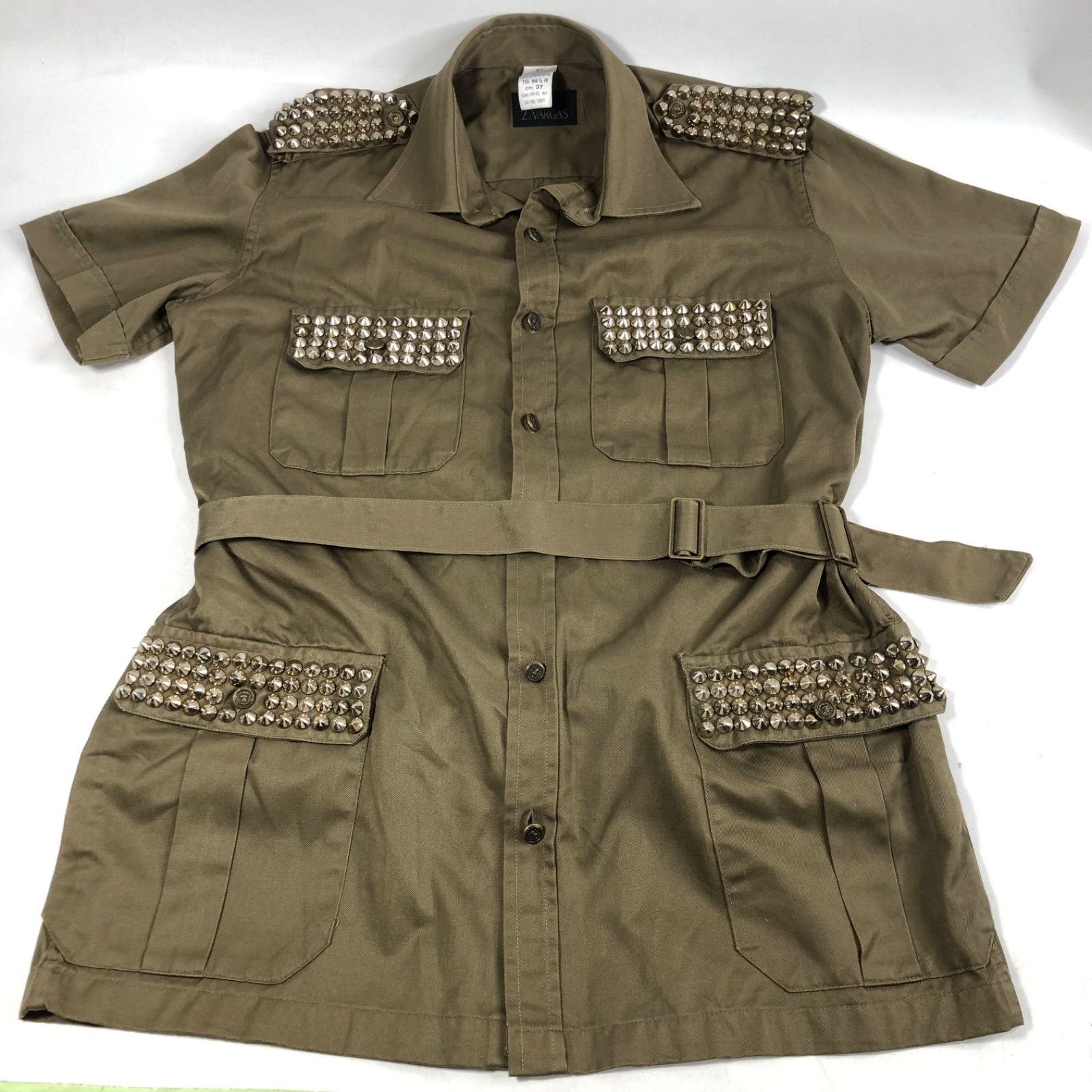 A1017-8-5 Z VARGAS ザックバルガス シャツ ベルト付 ジャケット カーキ size S 身幅54cm 肩幅40cm 着丈74cm