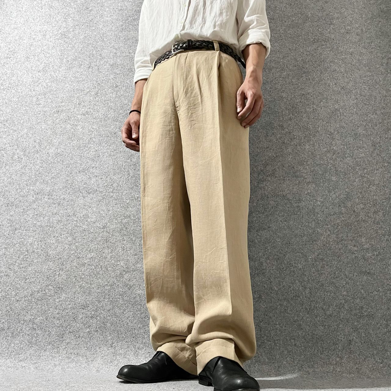 リネン100% 2タック ワイド スラックス ベージュ W36 ダブル 麻 古着 vintage】リネン 2タック ワイド スラックス ダブル ベージュ W36