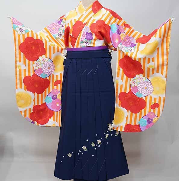二尺袖 着物 袴フルセット ジュニア用へ直し 135～150cm ボヌールセゾン オレンジ×クリーム 袴変更 NO42128-02