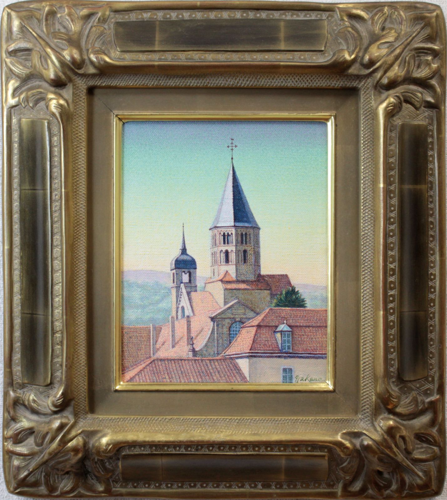 中根 寛『双塔（フランス クリュニー）』油彩画【真作保証】 絵画 中根 寛 『双塔（フランス クリュニー）』 油彩画 - 北海道画廊