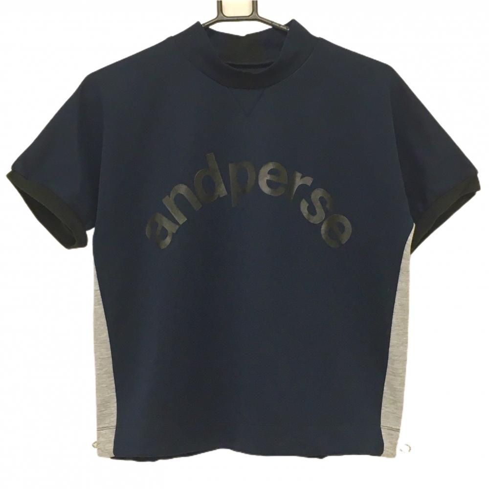 【美品】アンパスィ 半袖ハイネックシャツ ネイビー×ライトグレー サイド切替  レディース L ゴルフウェア 2023年モデル and per se