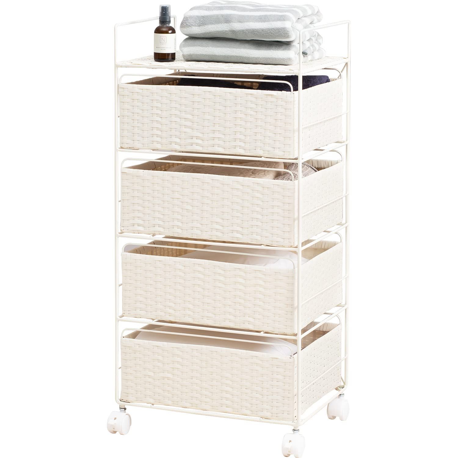 数量 萩原 Hagihara ランドリー ラック 4段 幅40 ワゴン 棚 ボックスタイプ 通気性 大容量 キャスター付き シンプル コンパクト 奥行30 高さ85 ホワイト 1台 RAN-2435WH