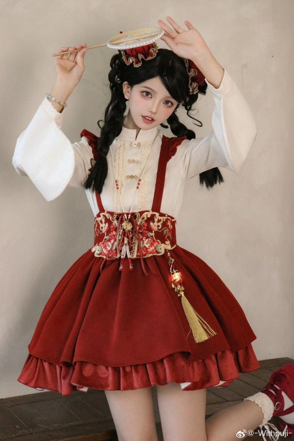 2025年 新中式国風 ロリータコーデ 立領ブラウス＋刺繍入りマーメイドスカート＋フリル付きベスト 3点セット 撮影会 舞台演出 ハロウィン イベント プレゼント用にも最適