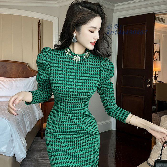 パフスリーブ長袖 ネックビジューミモレ丈チェック柄ワンピース