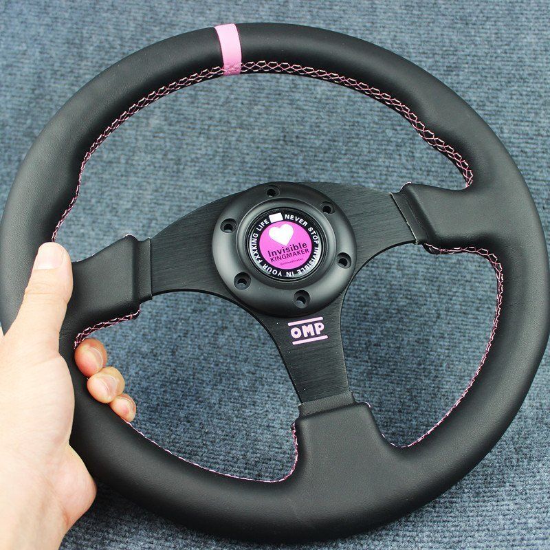 車ハンドル ステアリング OMPスポーツステアリングホイール ドリフト 本革 ピンク 13インチ レース