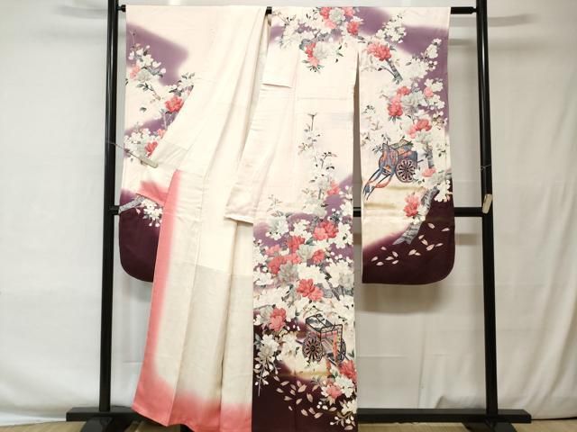 振袖フルセット豪華振袖　雪輪御所車花文　暈し染め　金彩　鈴乃屋扱い　正絹 平和屋着物○豪華振袖 雪輪舞花文 暈し染め 金彩 正絹 逸品