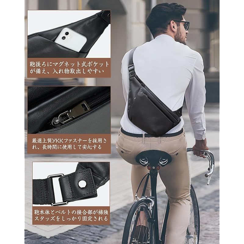 Masa Kawa 雅革 薄 本革 ボディバッグ メンズ ワンショルダーバッグ 牛革 斜めがけ スリングバッグ チェストバッグ 薄型 軽量 撥水 人気 ブラック NEXPOTALLINN_EU