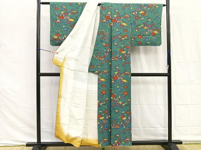 平和屋着物□上質な小紋 型染め 風景花文 鬼しぼ縮緬 正絹 逸品