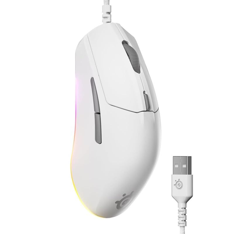 SteelSeries ゲーミングマウス 有線 軽量 低遅延 1.35ms 高耐久 8 500DPI メカニカルスイッチ 絡まり防止 PTFE テフロン ソール 3ゾーンRGBイルミネーション Rival 3 Gen 2 62516 ホワイト